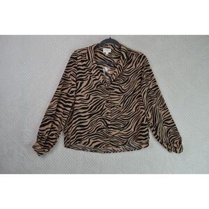 Everly Women's Small Tan Black Zebra Print Lightweight Long Sleeve Blouse